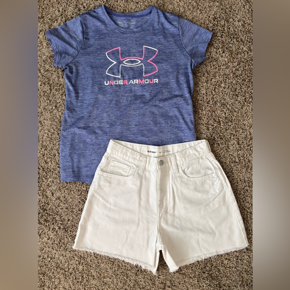 Girls XL lot, shirt UA YXL, Shorts Old Navy size 16, adjustable waist NWOT